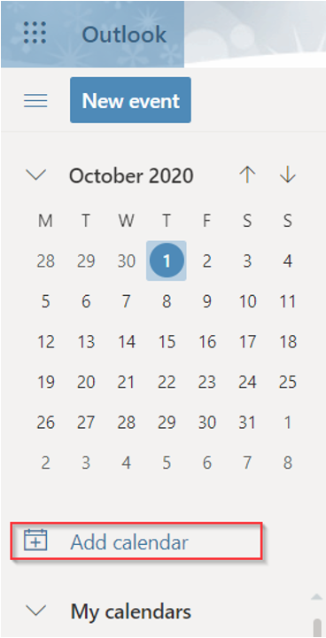 Add Calendar option highlighted in Outlook webmail
