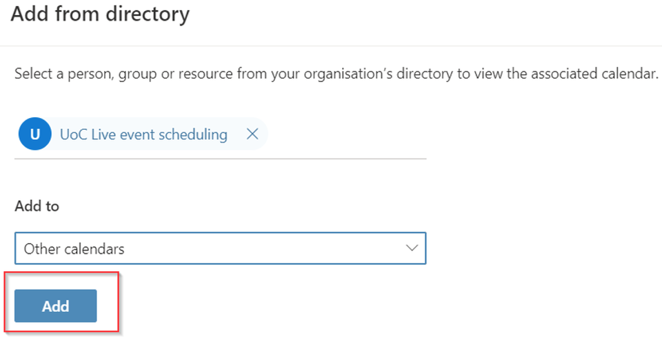 Add button highlighted on the Add from directory screen in Outlook webmail