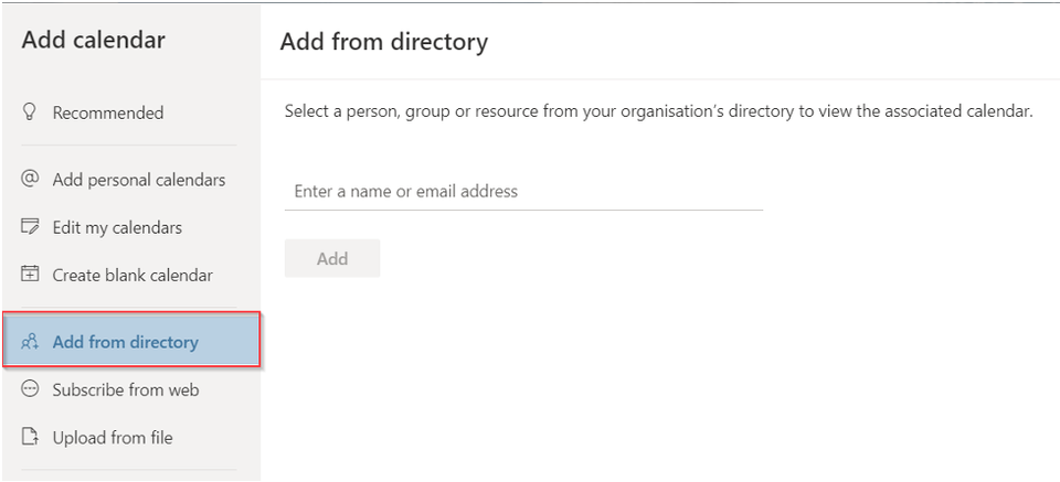 Add from Directory menu item selected in Outlook webmail