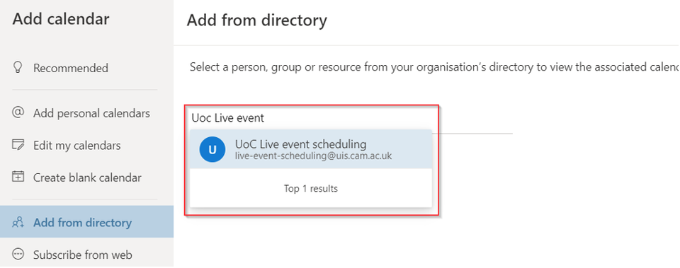 'UOC Live event scheduling' appearing as option after search performed in Outlook webmail