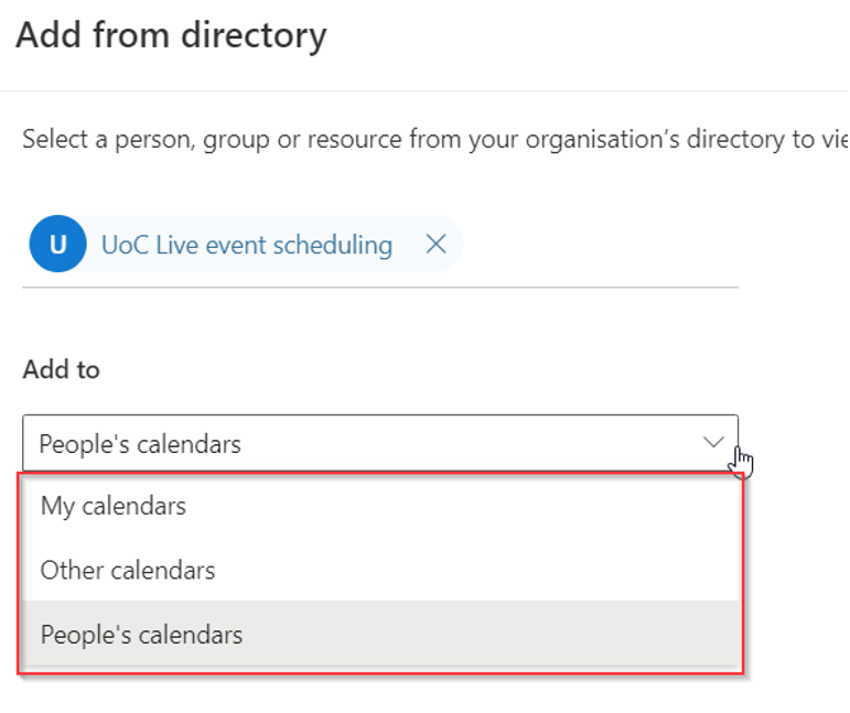 Choices for adding calendar to My Calendars, Other Calendars, or People's Calendars section in Outlook webmail