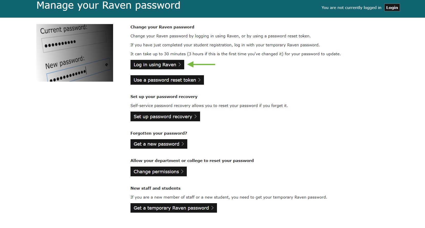 The password management site, with the 'Log in with Raven' option highlighted.