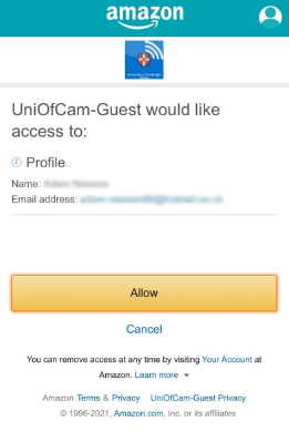 UniofCam-Guest verification screen on Amazon