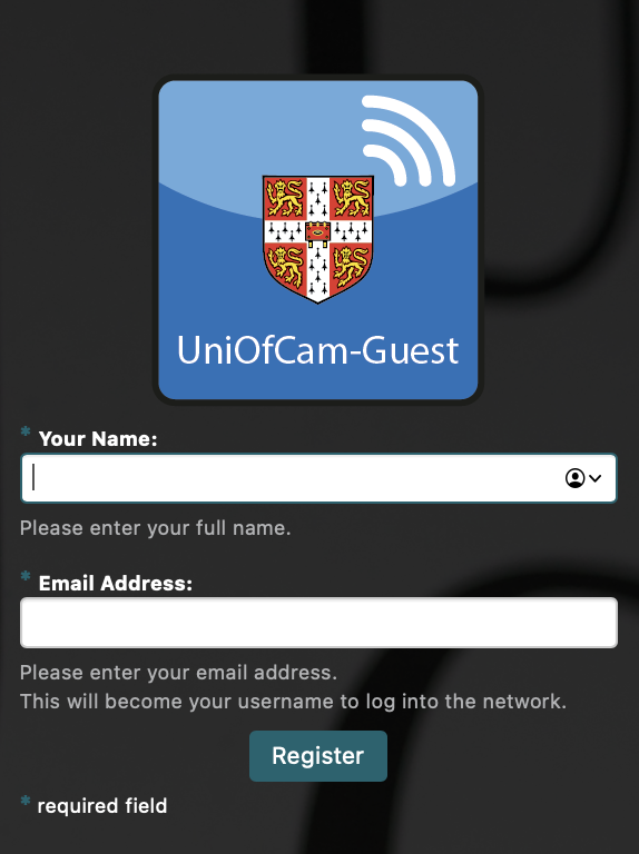 UniOfCam-Guest registration screen