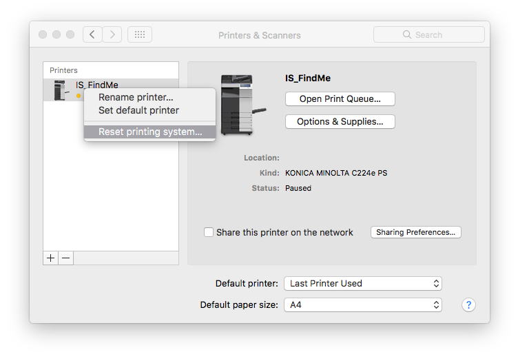 screenshot showing Mac OS X reset printing system 