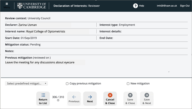 Declaration review screen with 'copy previous mitigation' and 'new mitigation' checkboxes