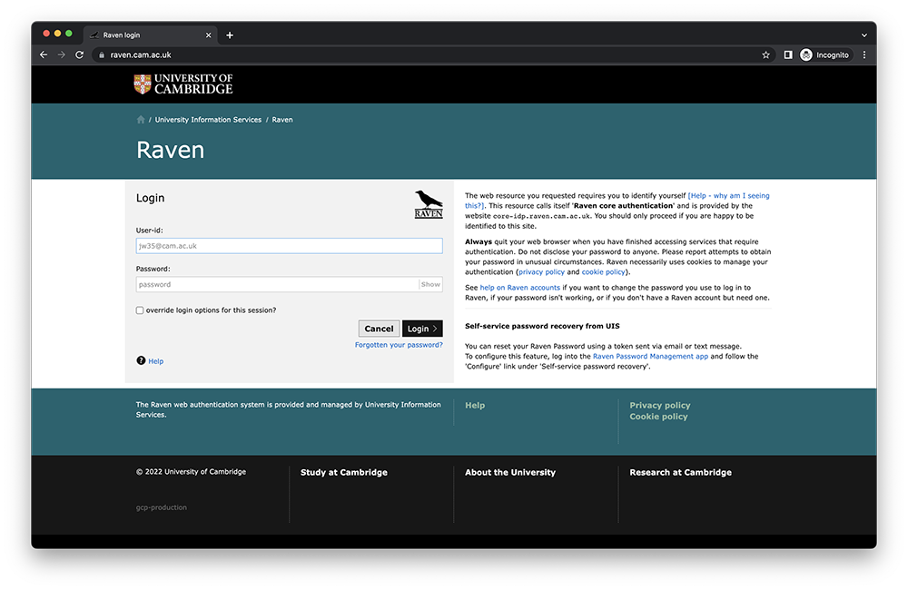 Raven login screen