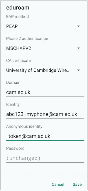 eduroam configuration options screen