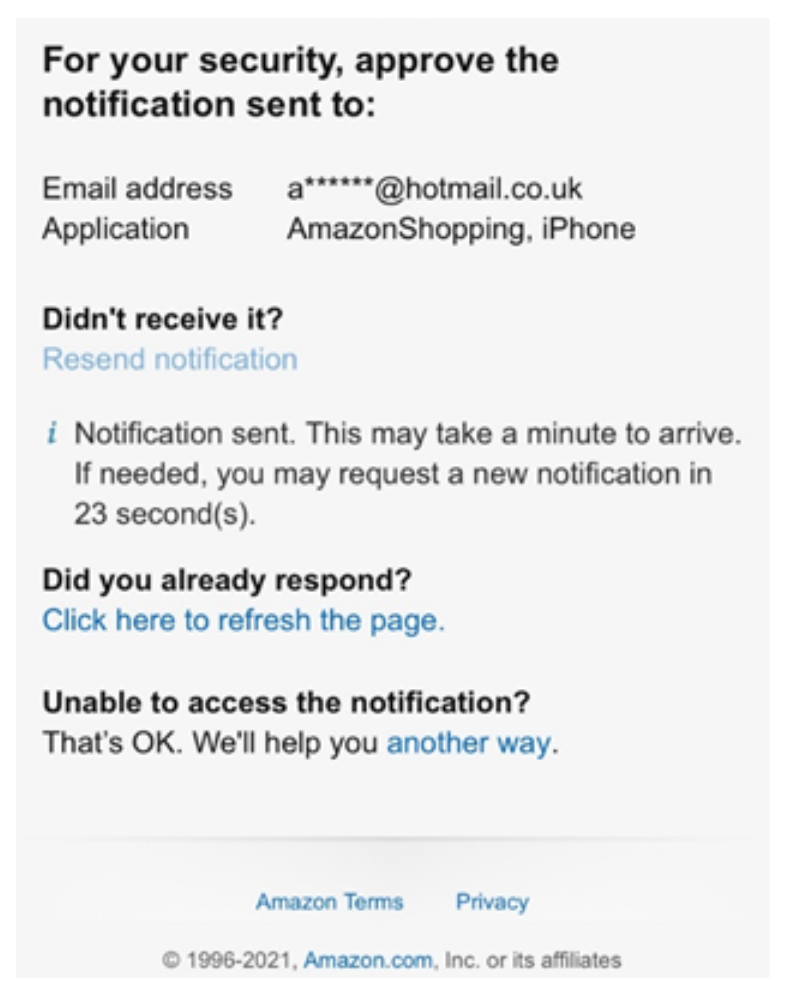 Amazon 2-factor authentication message