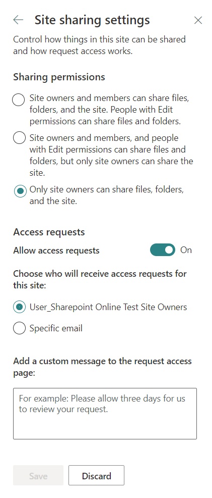 SharePoint site sharing settings with the 'Only site owners can share files, folders, and the site' setting selected