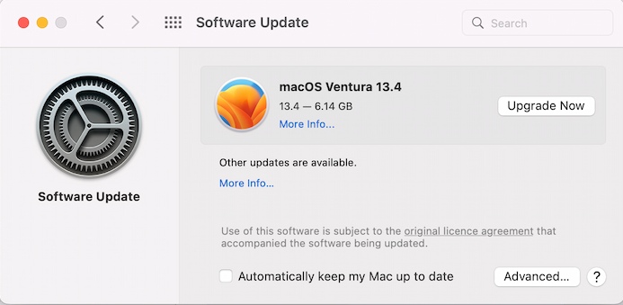 Software update screen on MacOs which includes an 'Upgrade now' button and an 'Advanced' button.
