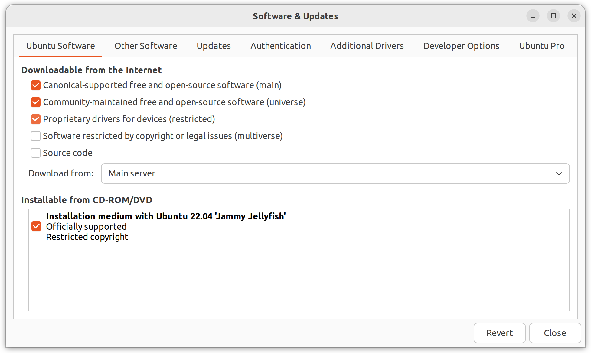 The Ubuntu Software & Updates utility, Ubuntu software pane