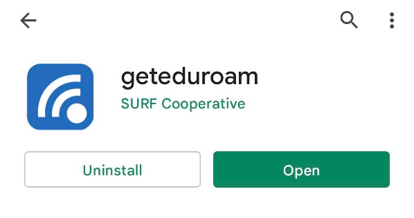 geteduroam open button appears on the Play Store