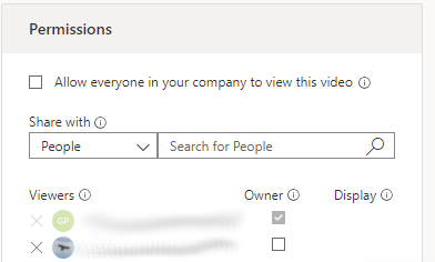  'Permissions' screen in Microsoft Stream (Classic) listing Viewers with access to the video