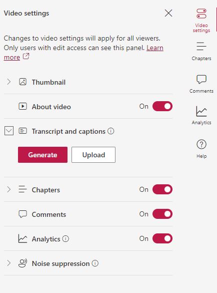 'Video settings' menu in Stream (classic), a downward facing arrow next to the words 'Transcript and captions' is highlighted and below are 2 options for 'Generate' and 'Upload'