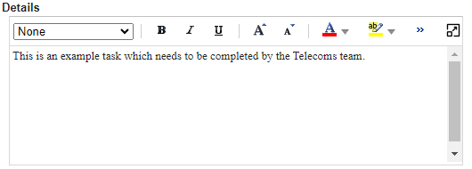 Details field on a New Task in Heat populated with the text 'This is an example task which needs to be completed by the Telecoms team.'
