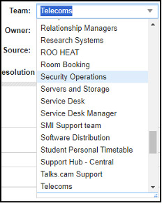 Team dropdown expanded on the incident screen in HEAT