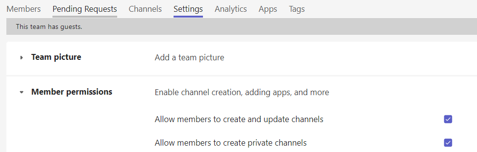 Team Settings with Member Permissions section expanded to show settings for creating channels