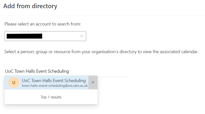 'UOC Town Hall event scheduling' appearing as option after search performed in Outlook webmail