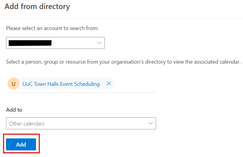 Add button highlighted on the Add from directory screen in Outlook webmail