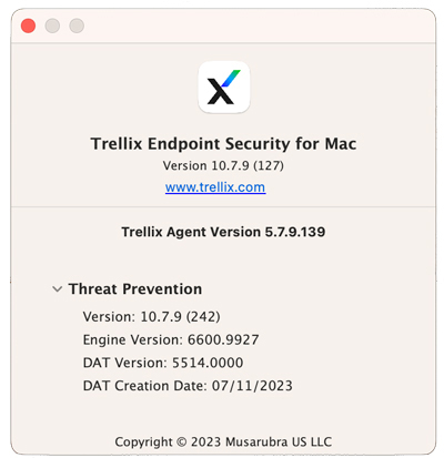 Trellix Endpoint Security for Mac version information screen