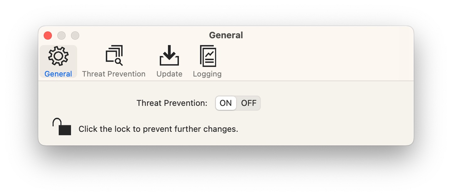 The Trellix settings window with 'Threat prevention' switched to 'on'.