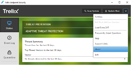 Trellix Endpoint Security screen with the menu expanded to show the 'About' option