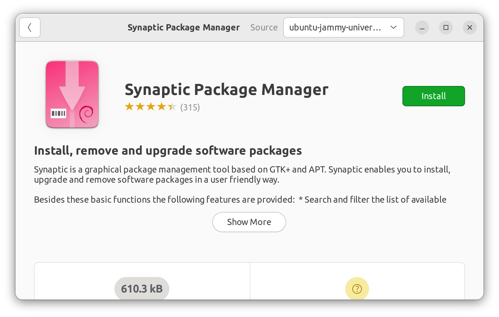 The Ubuntu Software utility Synaptic install page