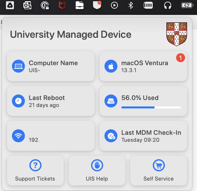 University Managed Desktop (UMD) support app with a red alert showing that there is an update next to the macOS operating system details,