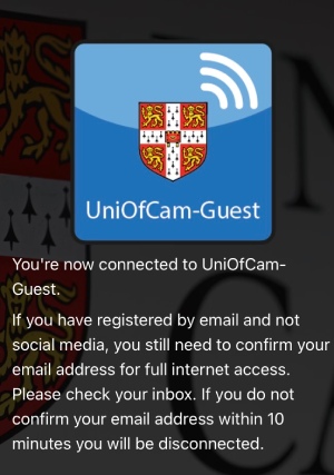 UniOfCam confirmation screen asking you to check your inbox to verify your connection