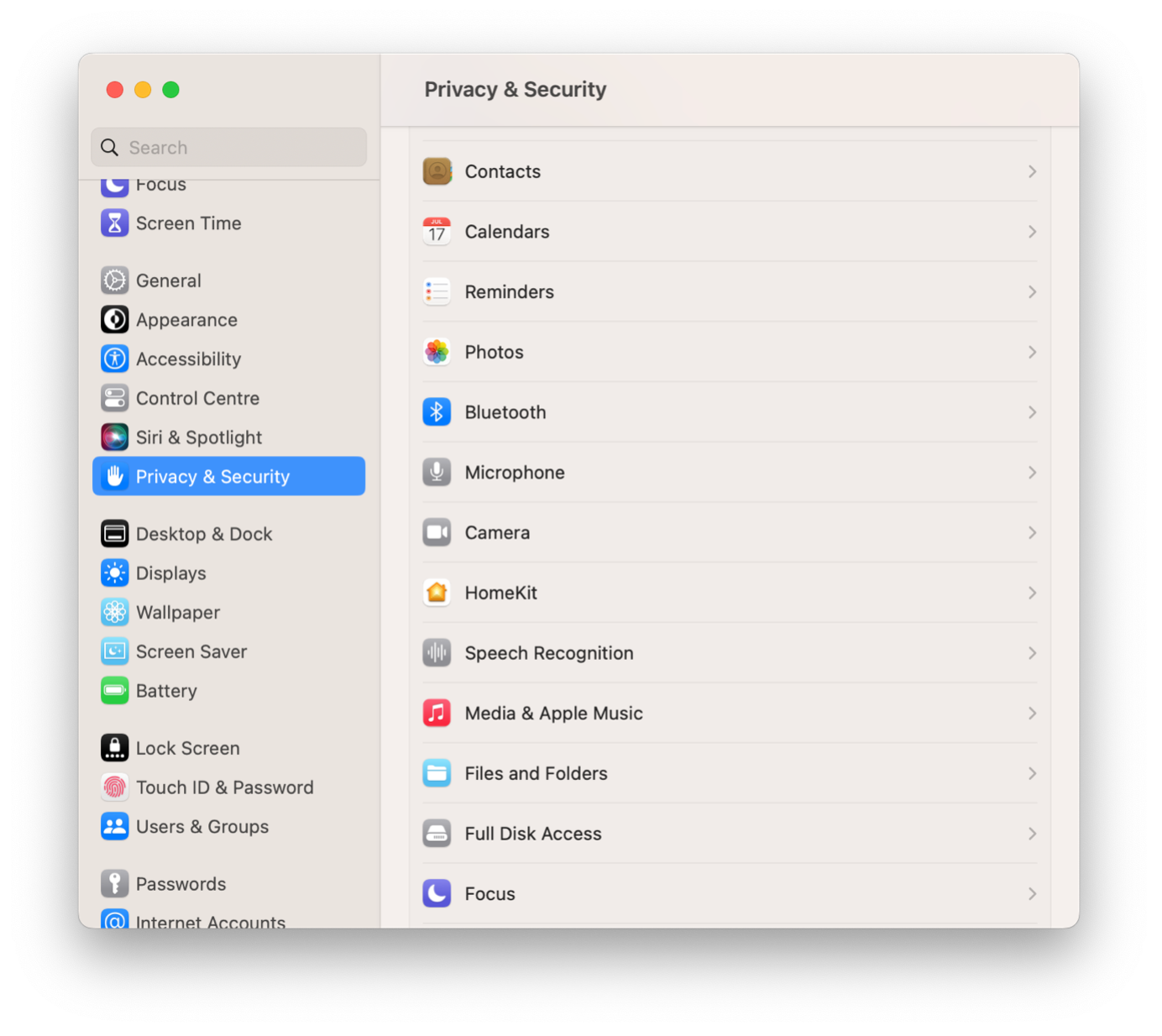 The Privacy and Security menu in macOS Ventura