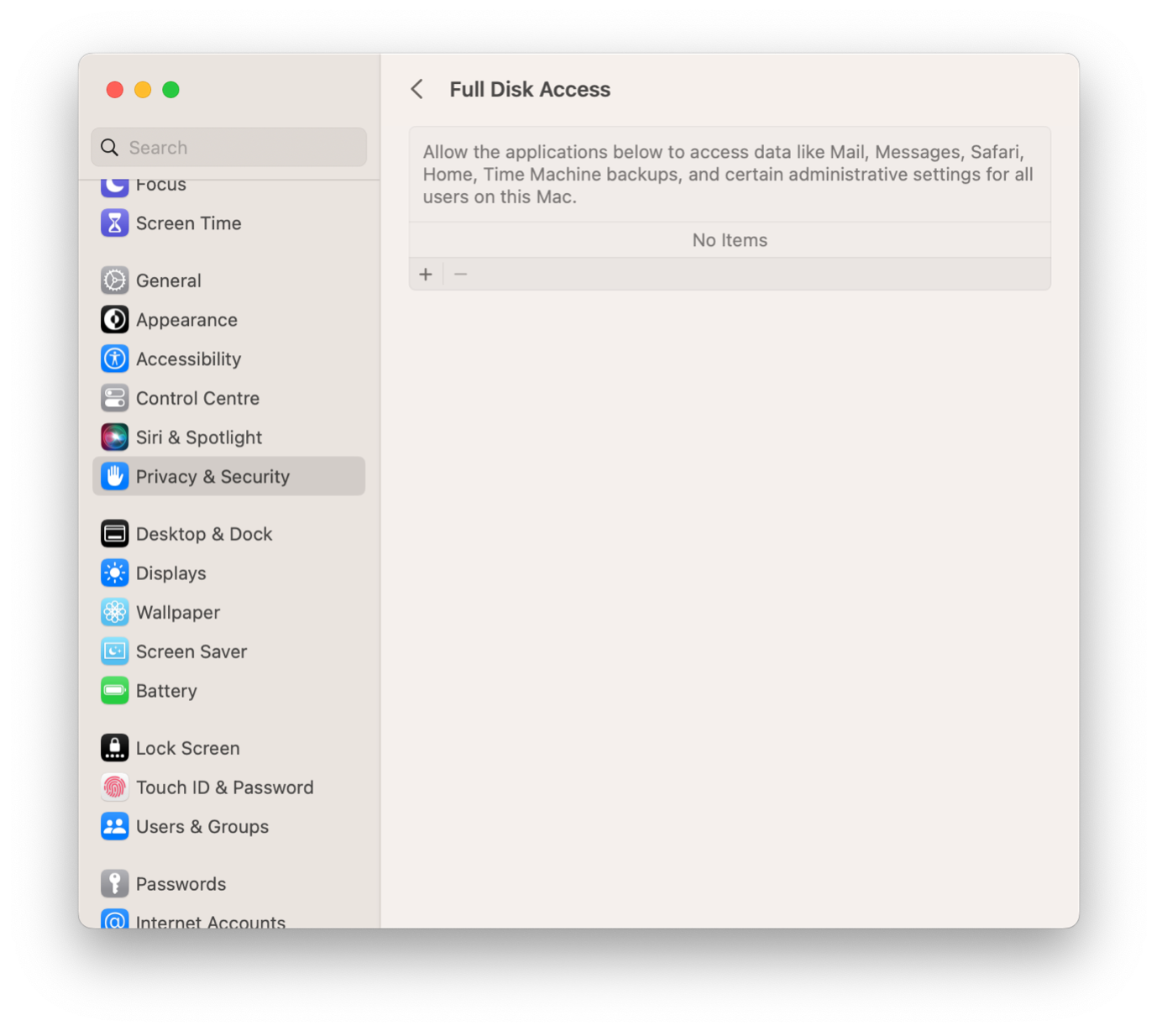 The Full Disk Access menu in System Settings on macOS Ventura