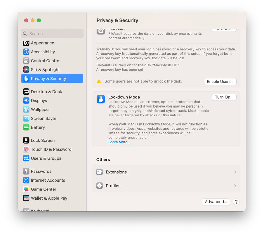 The Privacy Security menu in Systems Settings on macOS Ventura