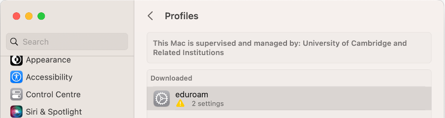 The eduroam profile in the Downloaded Profiles list