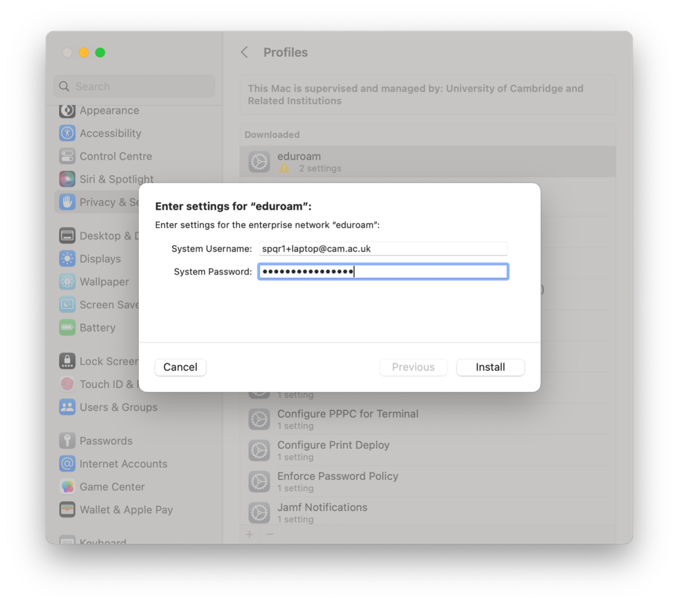 Entering the settings for the eduroam profile on macOS Ventura