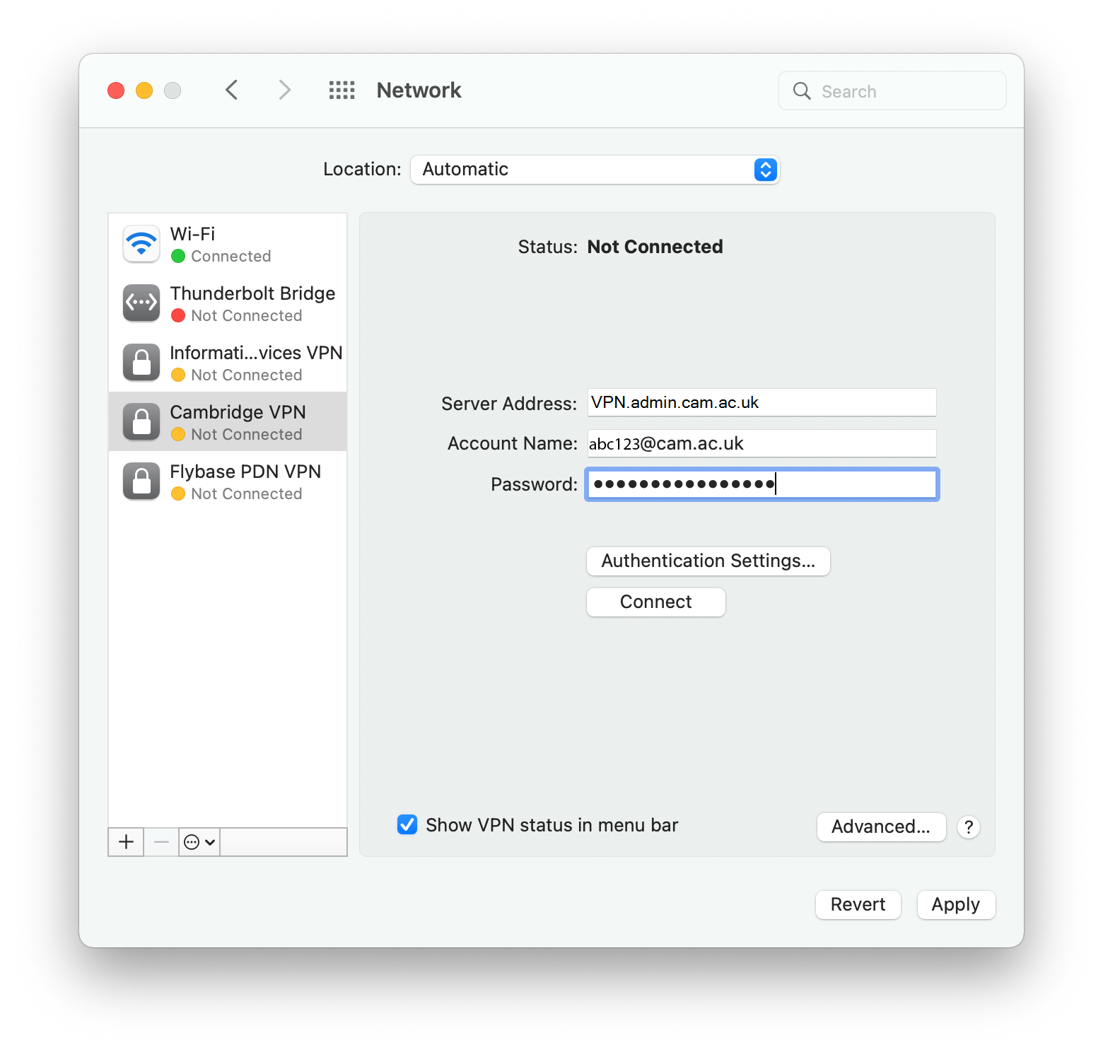 Settings for the ACN VPN on MacOS