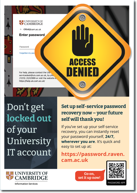 Poster explaining how users can set up their self-service password recovery to avoid getting locked out of their account