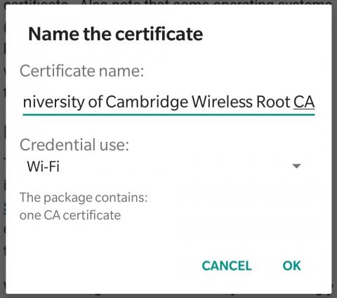 Certificate naming screen