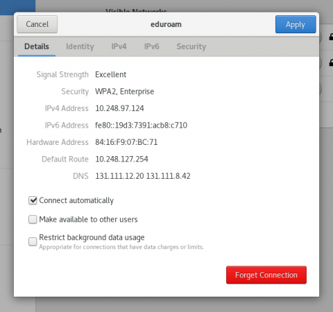 Linux eduroam wifi status screenshot