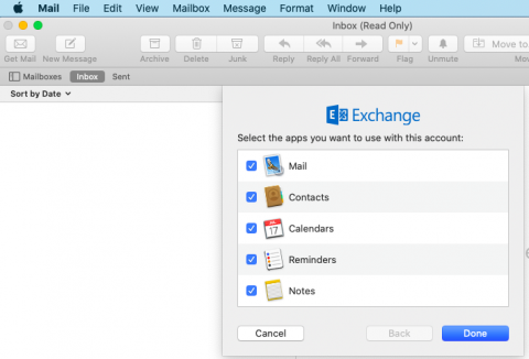 mac mail exchange not showing inbox 10.13