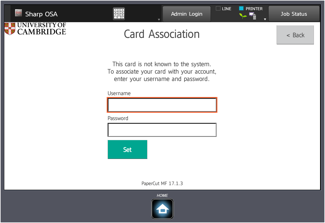 Screenshot of Card Association at Sharp MFD