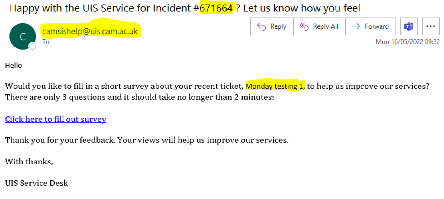 UIS Service Desk satisfaction survey email example