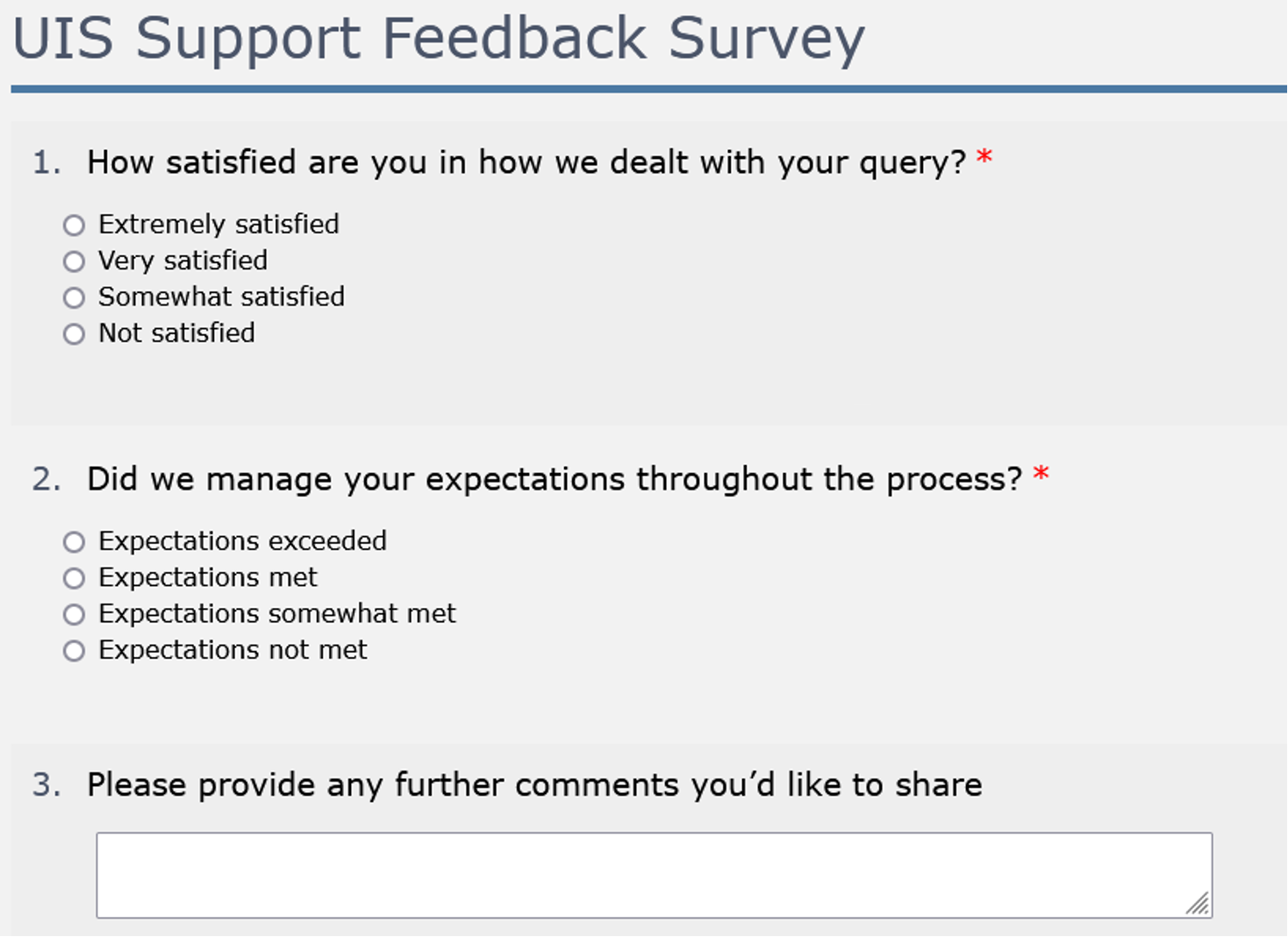 UIS Service Desk satisfaction survey screenshot step 2