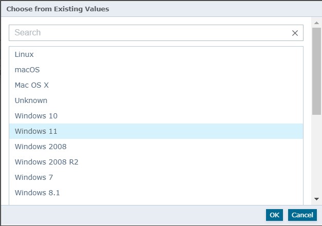 Choose from Existing Values is expanded and Windows 11 has been selected