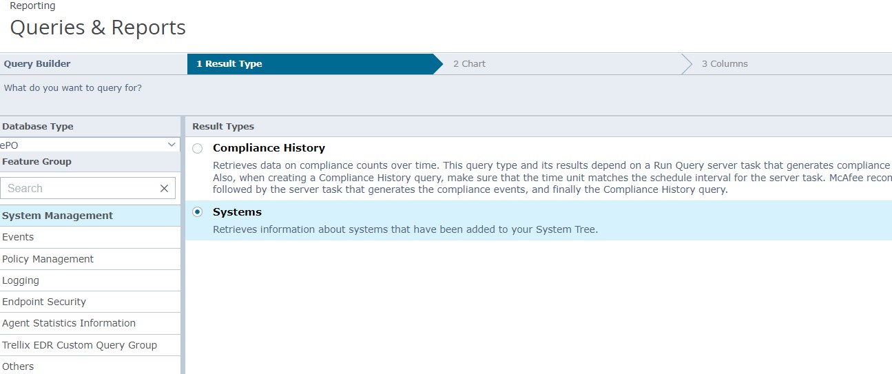 'System Management’ has been selected from the ‘Feature Group’ menu. On the right-hand side of the screen ‘Systems’ has been selected from the expanded ‘Result Type’ tab.