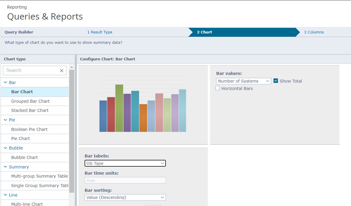 Bar chart has been selected from the chart type menu