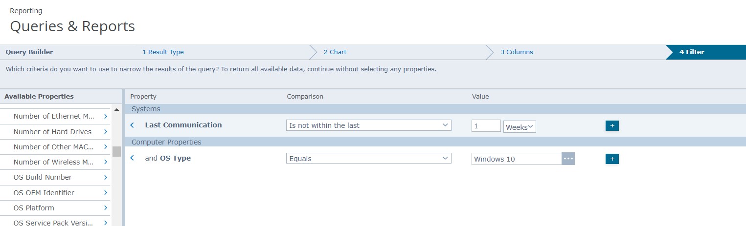 Last communication has been selected from the Available Columns menu. The date period of one week has been added in the values column.