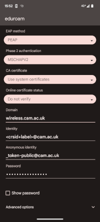 Configuration settings for Android 13 connection to eduroam wireless