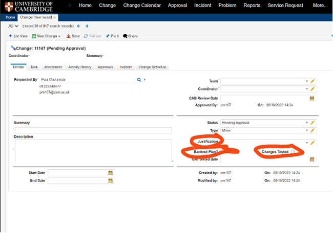 New Change screen in Heat with the 'Justification', 'Backout Plan' and 'Changes Tested' fields highlighted