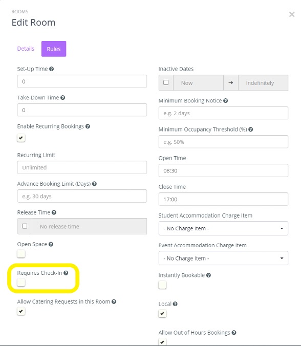 Edit room screen with requires check-in tickbox highlighted